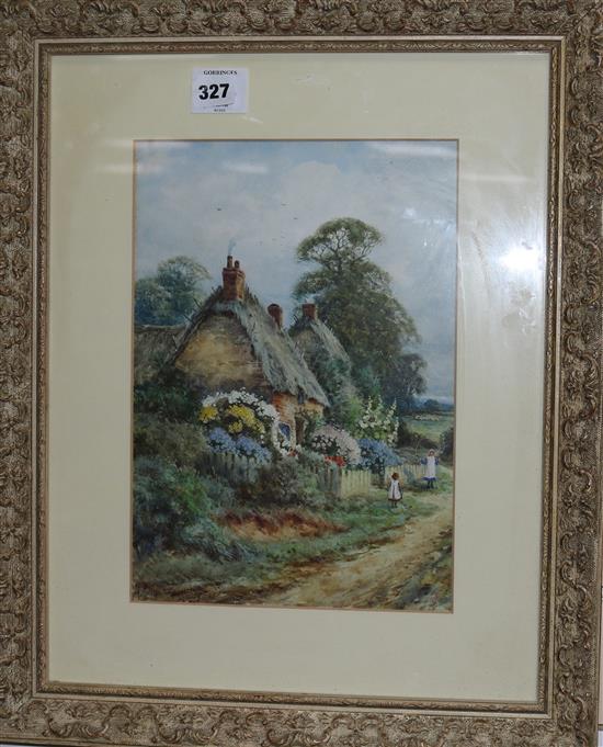 A. Molyneux Stannard Girls playing beside thatched cottages 33 x 23cm